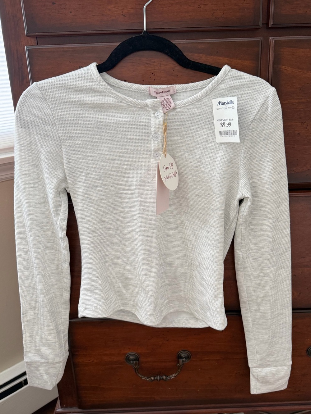 Light Heather Gray Thermal Henley Long Sleeve Crop Top